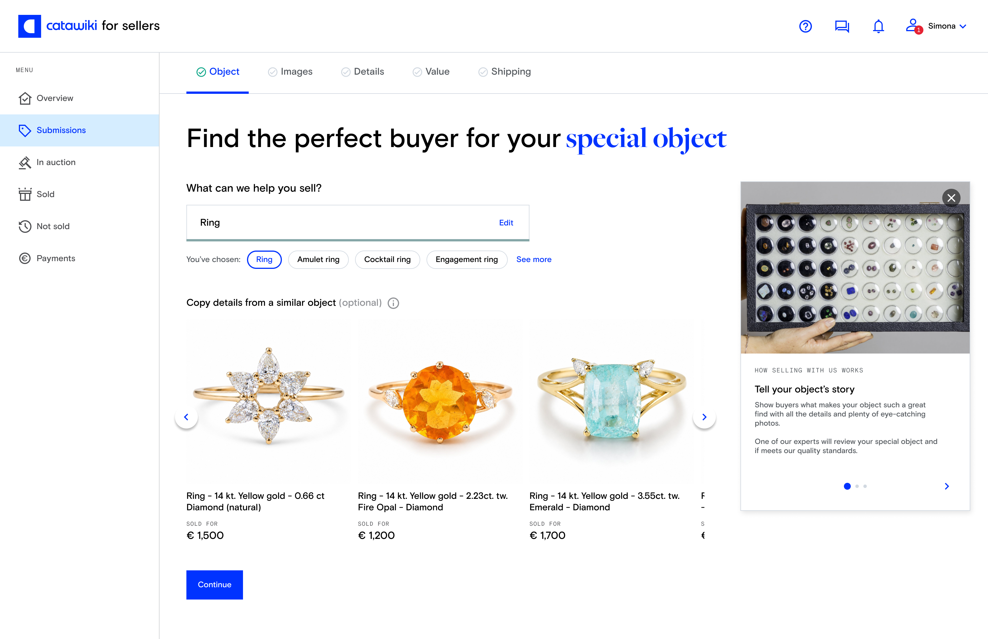 Seller submission flow with an object selected