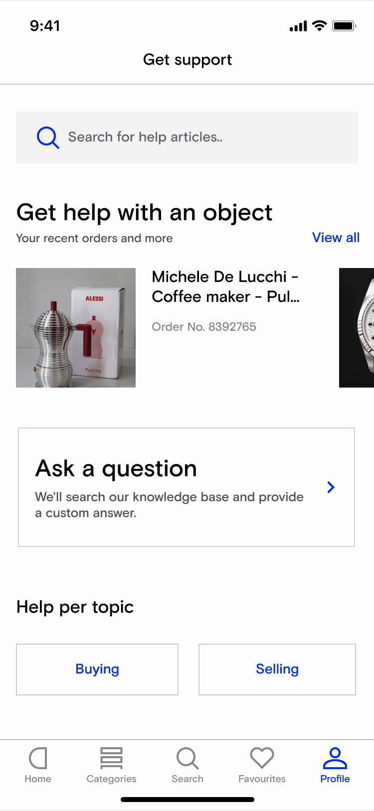 Ask a question flow on the Get Support screen